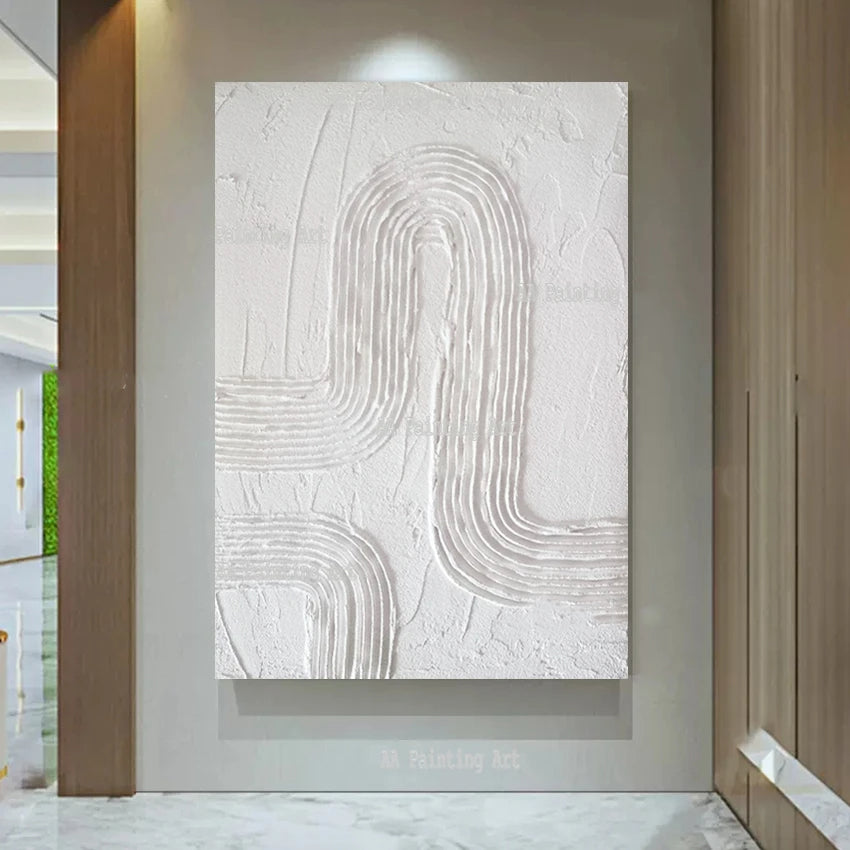 * Hand Painted * Minimalist White Wall Art Thick 3D Textured Acrylic Painting On Canvas Modern Architectural Art For Contemporary Interiors (Unframed)