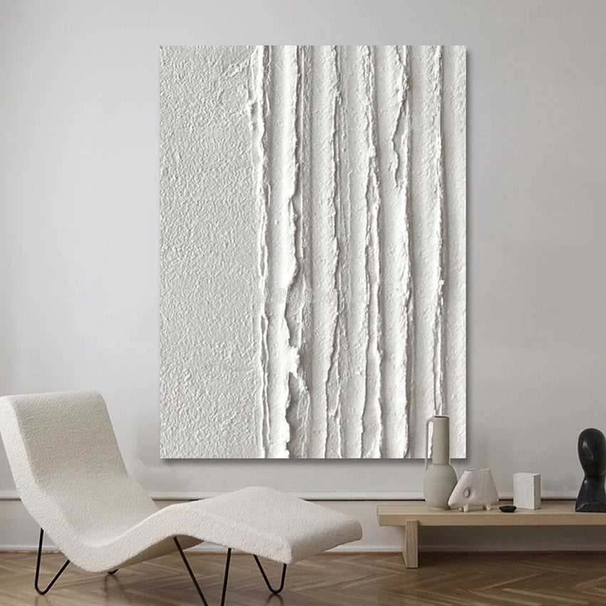 * Hand Painted * Minimalist White Wall Art Thick 3D Textured Acrylic Painting On Canvas Modern Architectural Art For Contemporary Interiors (Unframed)
