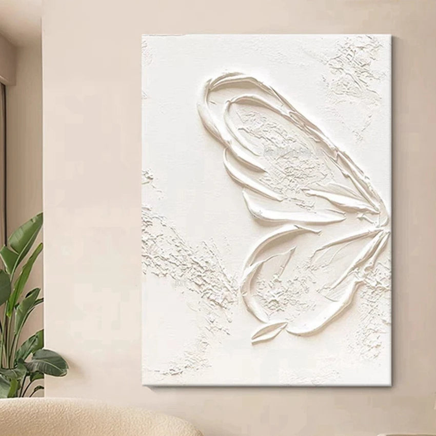 * Hand Painted * Modern Abstract Minimalist White Wall Art Thick 3D Textured Acrylic Painting On Canvas Modern Architectural Art For Contemporary Interiors (Unframed)