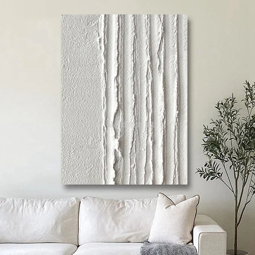 * Hand Painted * Modern Abstract Minimalist White Wall Art Thick 3D Textured Acrylic Painting On Canvas Modern Architectural Art For Contemporary Interiors (Unframed)