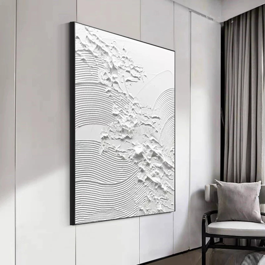 * Hand Painted * Minimalist White Wall Art Thick 3D Textured Acrylic Painting On Canvas Modern Architectural Art For Contemporary Interiors (Unframed)