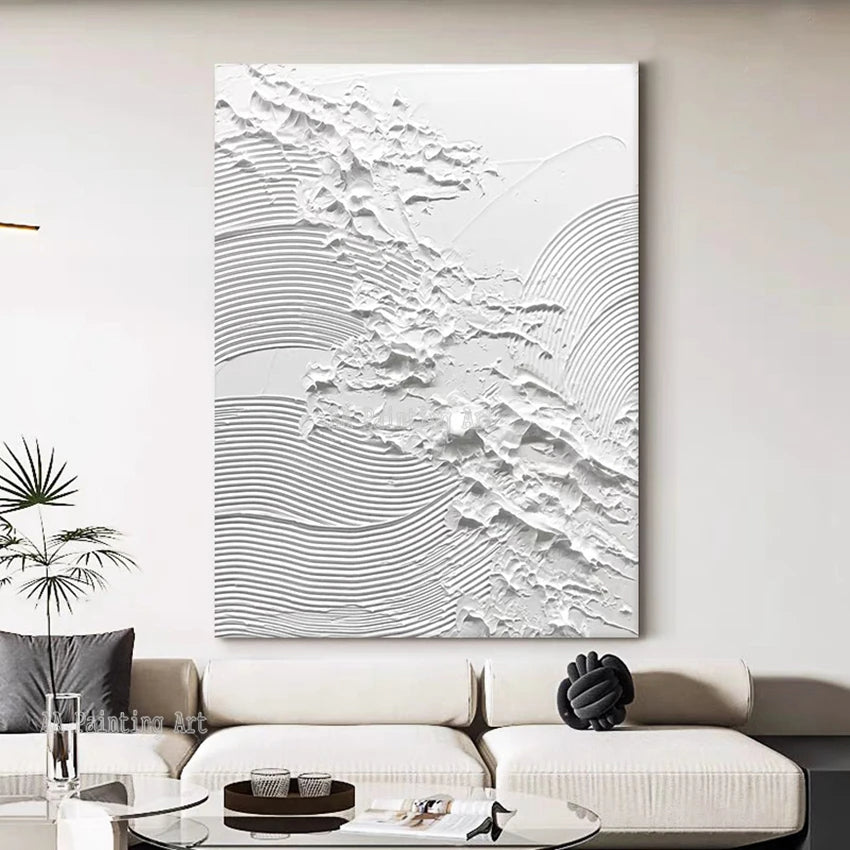 Modern Abstract * Hand Painted * Minimalist White Wall Art Thick 3D Textured Acrylic Painting On Canvas Modern Architectural Art For Contemporary Interiors (Unframed)
