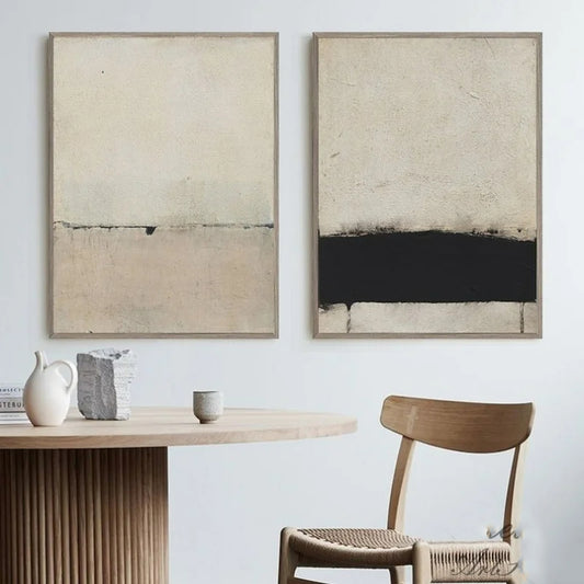  Hand Painted  Modern Abstract Beige Black Minimalist Wall Art For Living Room Bedroom Home Office Decor - Acrylic Painting On Canvas