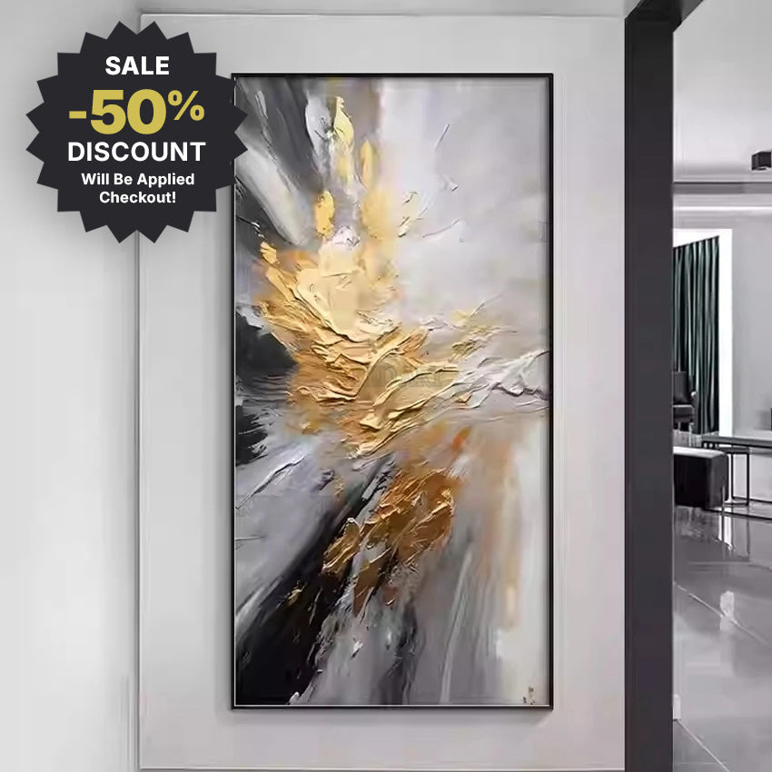 Abstract painting with gold and black splashes on a wall, with a sale discount badge.