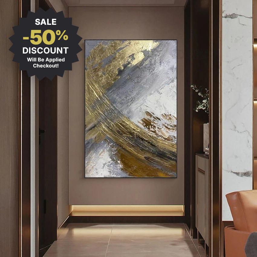 Abstract painting on a wall with a sale discount label in a modern interior setting.