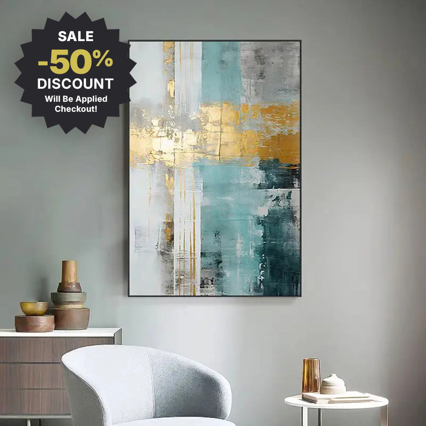 Abstract art painting with a sale discount label on a wall with decor items.