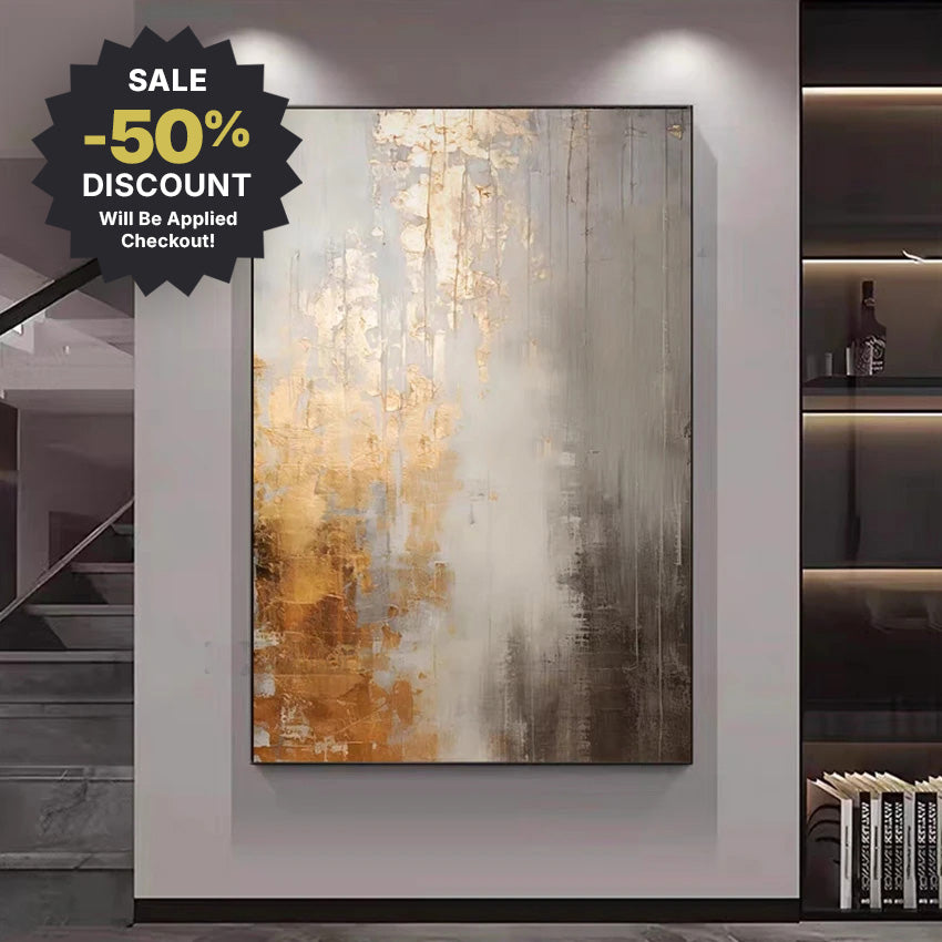 Abstract art painting on a wall with a sale discount label.