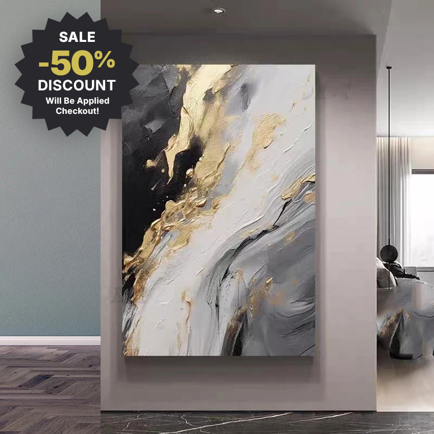 Abstract art painting with gold and black accents in a modern interior setting, featuring a sale discount badge.