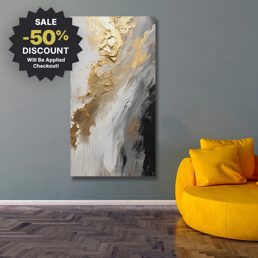 Abstract art painting on a wall with a yellow sofa and discount banner.