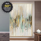 Abstract painting with gold and green accents on a wall in a room with a side table and decorative vase.