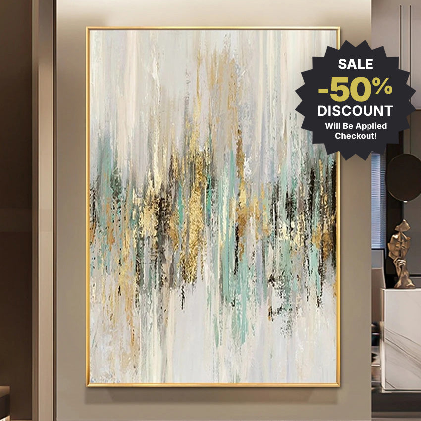 Abstract art painting with a gold frame on a wall, featuring a discount offer.