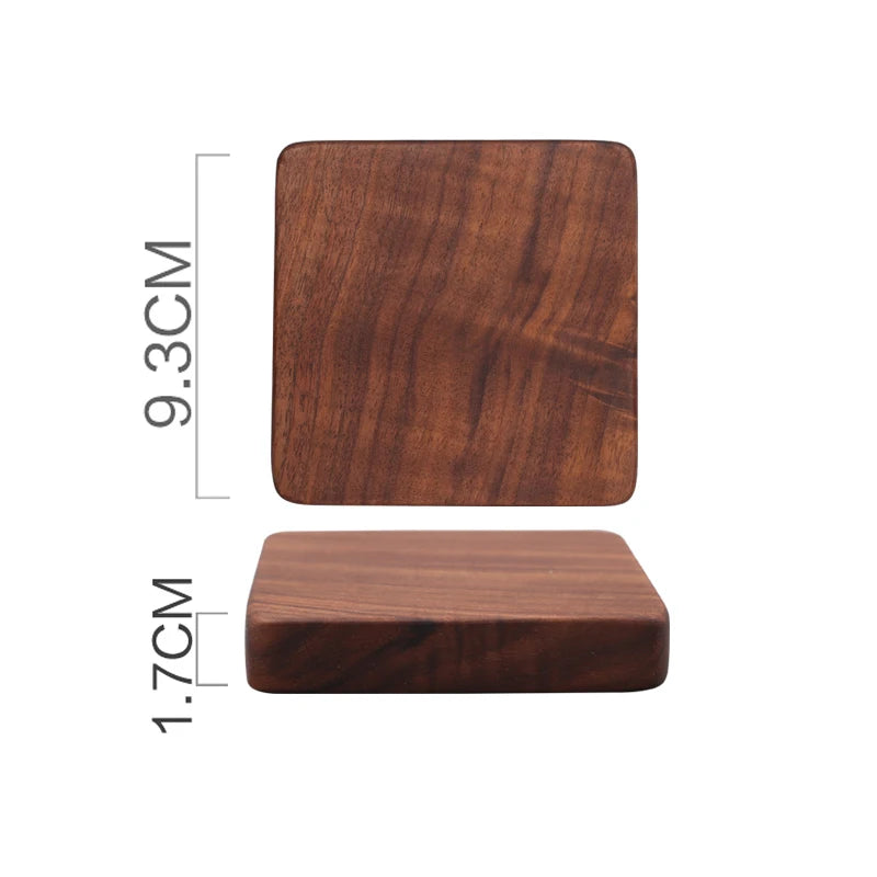 A square wooden block with rounded corners shown from two angles on a white background, with dimension labels indicating 9.3 cm height and 1.