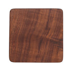 A square wooden board with rounded corners, featuring a rich medium-to-dark brown wood grain pattern, isolated on a white background.
