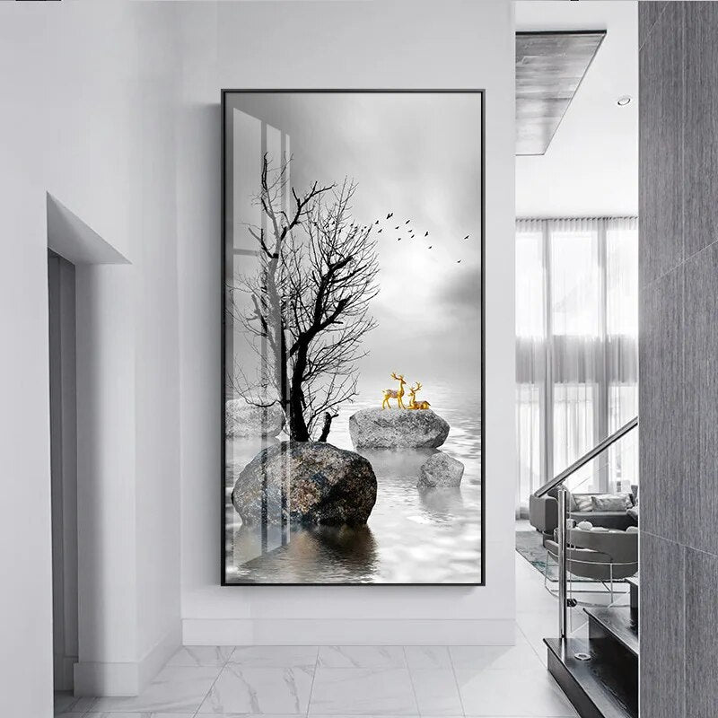 Abstract Golden Deer Zen Landscape Wall Art Black White Fine Art Canvas Prints Auspicious Pictures For Living Room Home Office Decor