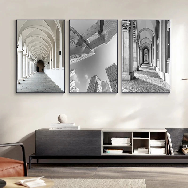 Modern Abstract Black & White Architectural Wall Art Fine Art Canvas Prints Pictures For Modern Living Room Bedroom Home Office Art Decor
