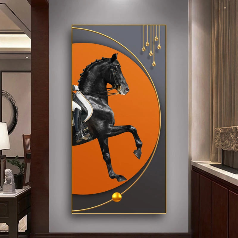 Elegant Equestrian Wall Art Fine Art Canvas Print Majestic Bay Horse Portrait on Abstract Orange Background for Pictures For Modern Interior Decor