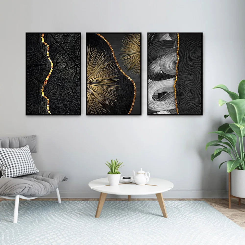 Golden Black Wood Tree Rings Wall Art Fine Art Canvas Prints Modern Abstract Pictures For Urban Loft Luxury Living Room Decor