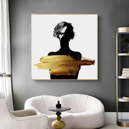 Black White Golden Minimalist Portrait Figure Art Abstract Wall Art Square Format Fine Art Canvas Prints For Modern Home Decor