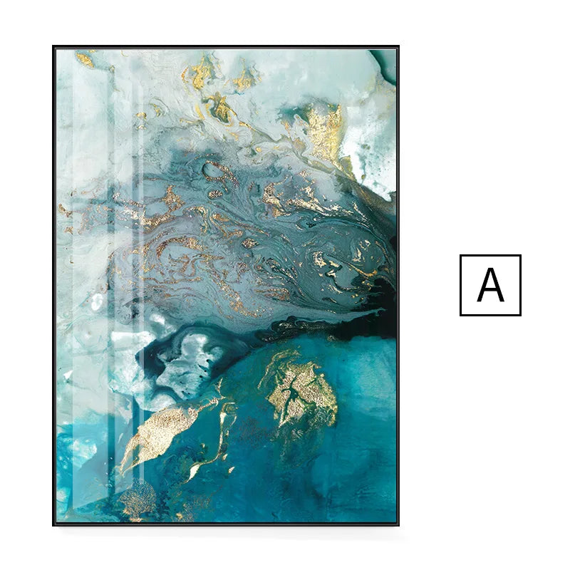 Abstract Aqua Blue Green Jade Golden Liquid Marble Print Wall Art Fine Art Canvas Prints Pictures For Luxury Living Room Art Decor