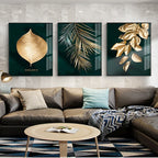 Set of 3Pcs Golden Leaf Wall Art Minimalist Nordic Tropical Plants Fine Art Canvas Prints Pictures For Living Room Dining Room Art Decor
