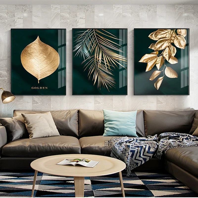 * Featured Sale * Set of 3Pcs Golden Leaf Wall Art Minimalist Nordic Tropical Plants Fine Art Canvas Prints Pictures For Living Room Dining Room Art Decor