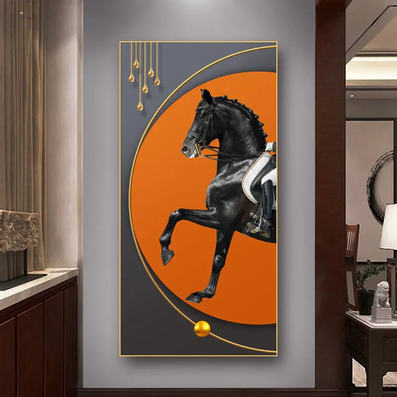 Elegant Equestrian Wall Art Fine Art Canvas Print Majestic Bay Horse Portrait on Abstract Orange Background for Pictures For Modern Interior Decor