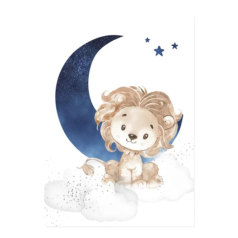 Cute Animals Blue Moon & Stars Personalized Baby's Name Wall Art Fine Art Canvas Prints For Nursery Room Pictures For Kid's Room Decor