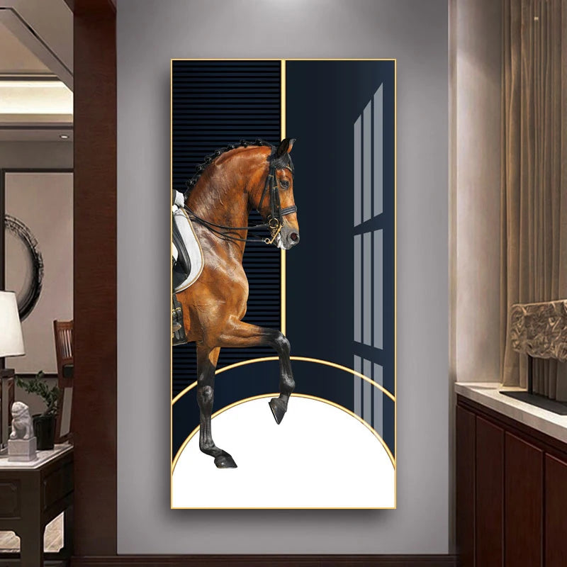 Elegant Equestrian Wall Art Fine Art Canvas Print Majestic Bay Horse Portrait on Abstract Orange Background for Pictures For Modern Interior Decor