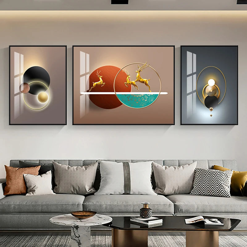 Set of 3Pcs Nordic Abstract Circle Of Light Auspicious Flowing Landscape Wall Art Fine Art Canvas Prints Pictures For Luxury Living Room Dining Room Wall Decor (Triptych, Set of 3)