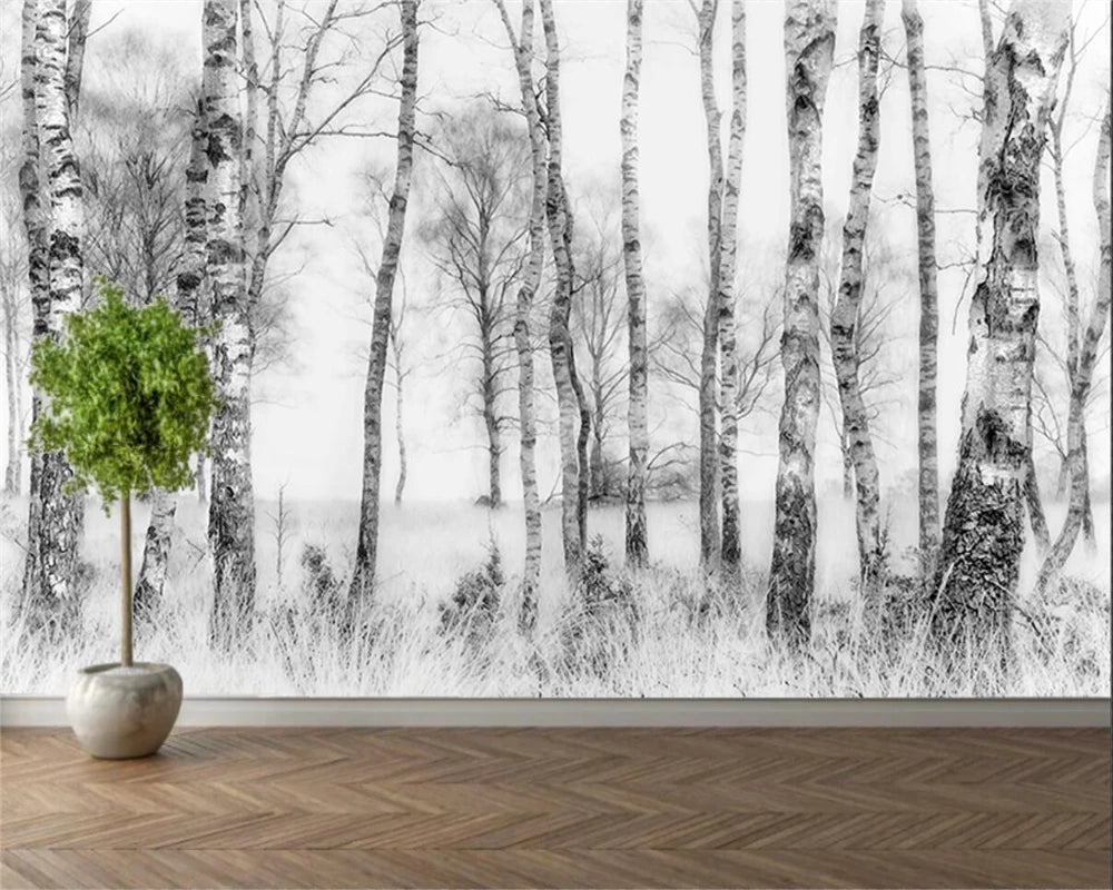 Black & White Woodland Landscape Wall Mural Big Format Custom Sizes Nordic Wall Covering Creative DIY Wall Decor For Living Room