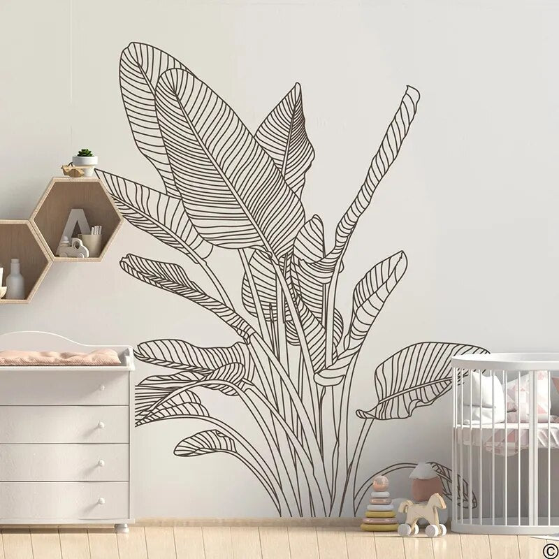 Tropical Leaves Minimalist Line Art Wall Decal Removable PVC Vinyl Wall Sticker For Living Room Bedroom Hallway Creative DIY Home Art Decor