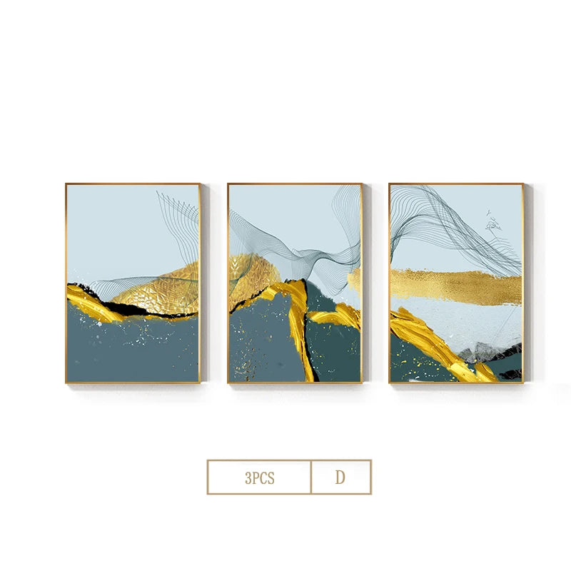 Blue Golden Minimalist Wall Art Fine Art Canvas Prints Scandinavian Abstract Pictures For Modern Apartment Living Room Home Office Decor