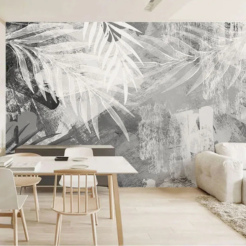 Nordic Wall Mural Black White Abstract Hand Painted Leaf Print Design Large Sizes Wall Art Fresco Custom Size Wall Decor Printed Painting For Living Room Decor
