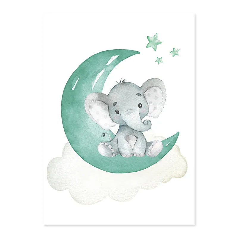 Cute Personalized Baby's Name Wall Art Fine Art Canvas Prints For Nursery Room Baby Elephant Moon & Stars Pictures For Kid's Room Decor