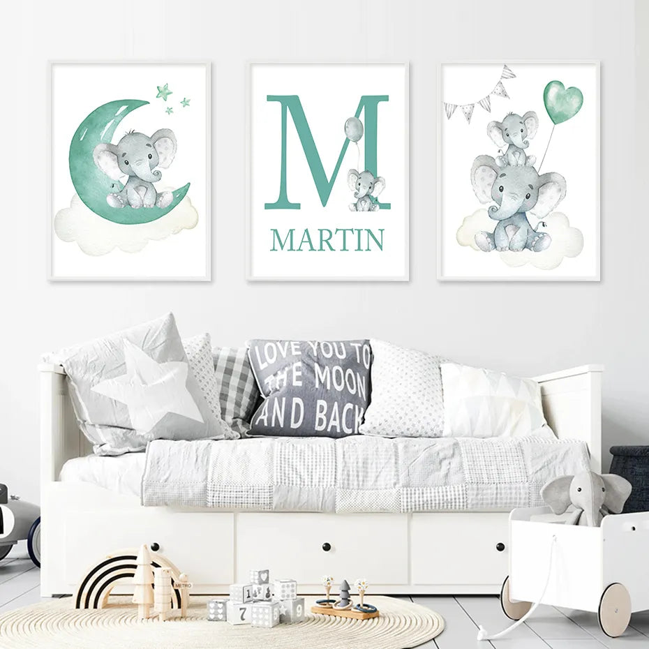Cute Personalized Baby's Name Wall Art Fine Art Canvas Prints For Nursery Room Baby Elephant Moon & Stars Pictures For Kid's Room Decor.