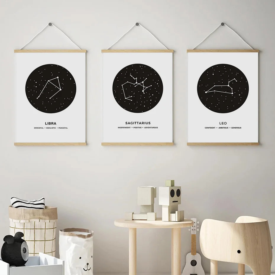 Constellation Posters Abstract Astrology Wall Art Black White Canvas Prints Each Star-Sign With 3 Traits Canvas Prints For Office Bedroom Home Decor