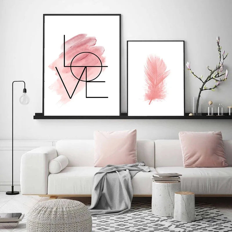 Blush Pink Love Feather Wall Art Fine Art Canvas Prints Minimalist Fashion Pictures For Living Room Girl's Bedroom Fashion Art Decor