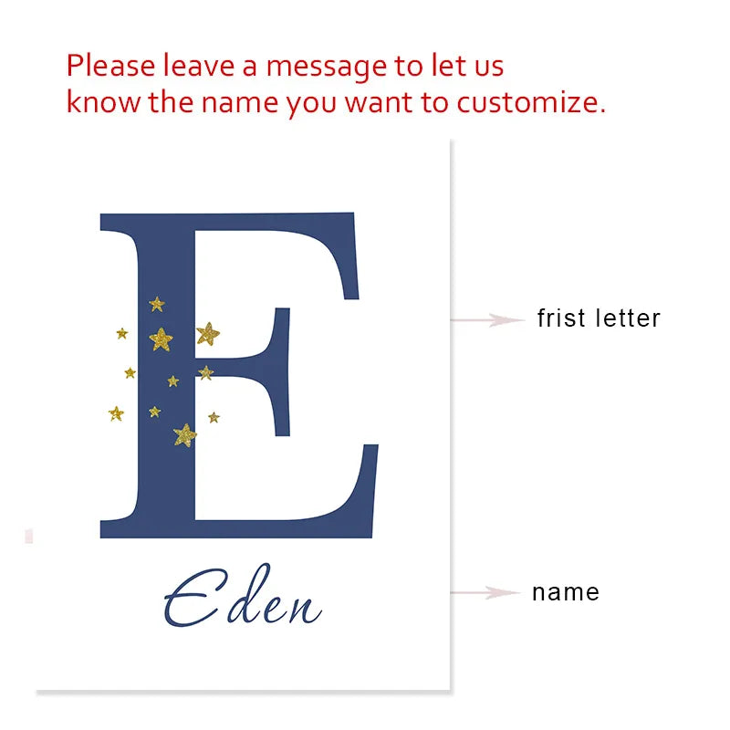 Cute Animals Blue Moon & Stars Personalized Baby's Name Wall Art Fine Art Canvas Prints For Nursery Room Pictures For Kid's Room Decor