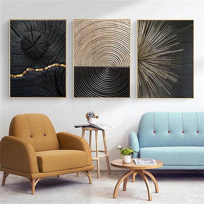 Golden Black Wood Tree Rings Wall Art Fine Art Canvas Prints Modern Abstract Pictures For Urban Loft Luxury Living Room Decor