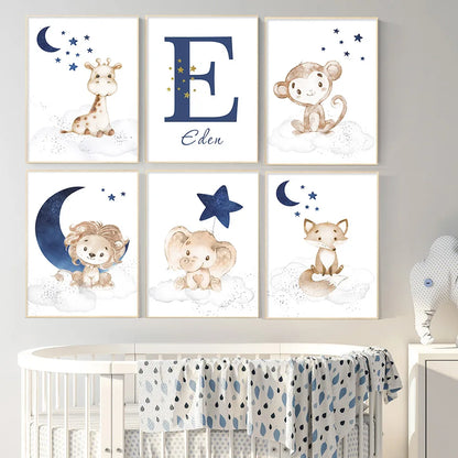 Cute Animals Blue Moon & Stars Personalized Baby's Name Wall Art Fine Art Canvas Prints For Nursery Room Pictures For Kid's Room Decor