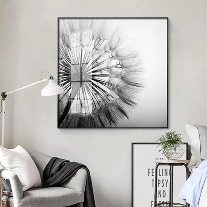 Delicate Dandelion Minimalist Black White Wall Art Fine Art Canvas Prints Square Format Pictures For Simple Living Room Bedroom Art Decor