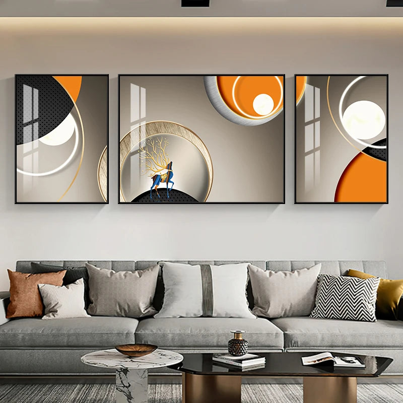 Set of 3Pcs Nordic Abstract Circle Of Light Auspicious Flowing Landscape Wall Art Fine Art Canvas Prints Pictures For Luxury Living Room Dining Room Wall Decor (Triptych, Set of 3)