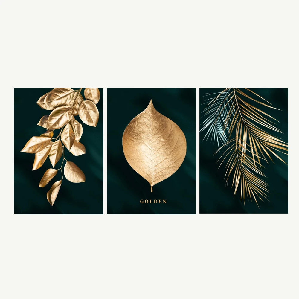 Set of 3Pcs Golden Leaf Wall Art Minimalist Nordic Tropical Plants Fine Art Canvas Prints Pictures For Living Room Dining Room Art Decor