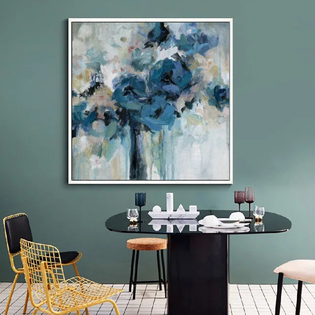 Modern Abstract Blue Floral Wall Art Fine Art Canvas Prints Square Format Pictures For Living Room Bedroom Art For Contemporary Interiors