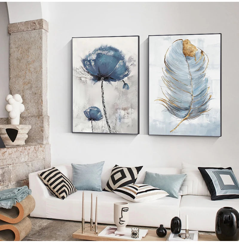 Simple Blue Floral Wall Art Fine Art Canvas Prints Modern Abstract Botanical Pictures For Living Room Bedroom Contemporary Home Decor