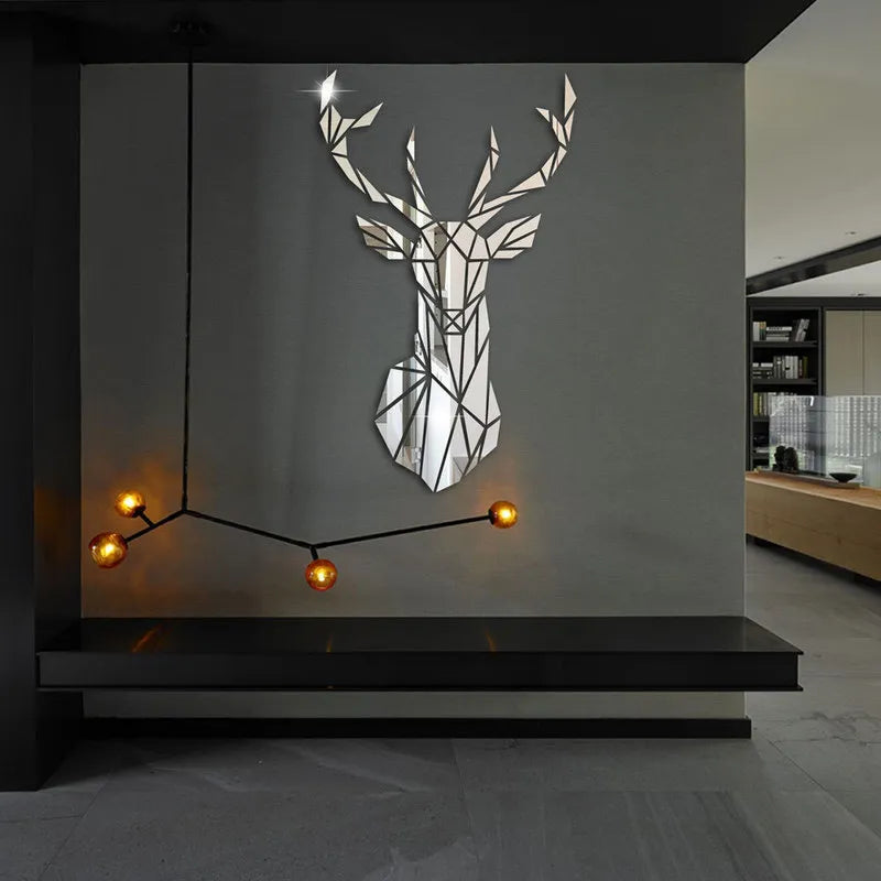 3D Geometric Nordic Deer Head Polished Acrylic Mirror Wall Sticker Decal Removable Creative DIY Wall Mural For Kitchen Living Room Entrance Hall Home Office Wall Decor