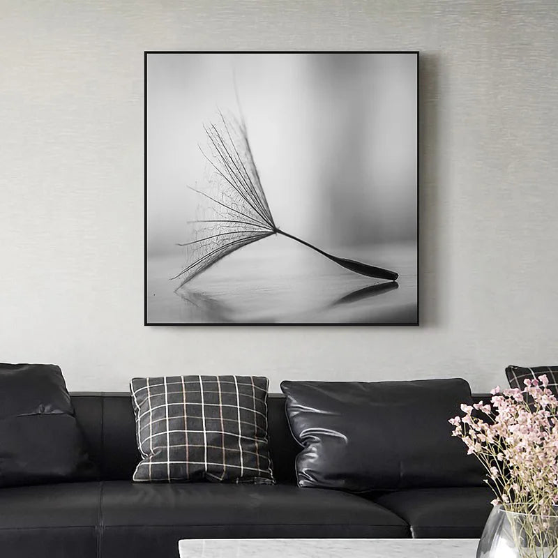 Delicate Dandelion Minimalist Black White Wall Art Fine Art Canvas Prints Square Format Pictures For Simple Living Room Bedroom Art Decor