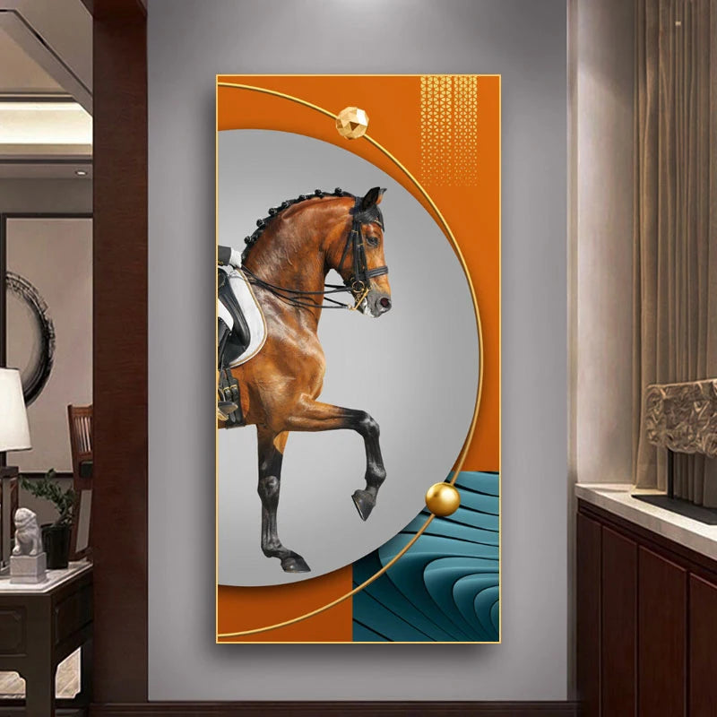 Elegant Equestrian Wall Art Fine Art Canvas Print Majestic Bay Horse Portrait on Abstract Orange Background for Pictures For Modern Interior Decor
