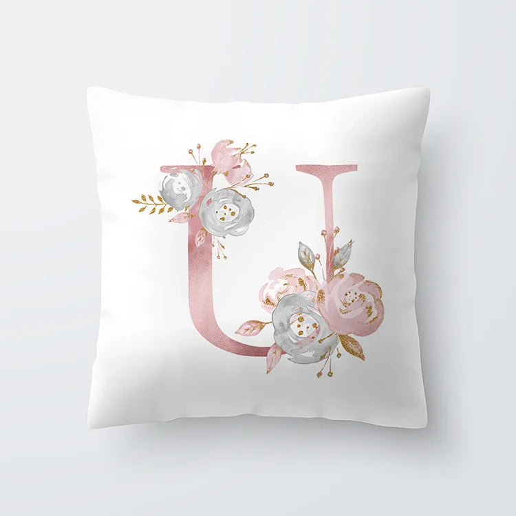 Pink Golden Floral Letter Cushion Case 45x45cm Cushion Cover For Living Room Sofa Throw Cushion Polyester Cotton Square Pillow Cases