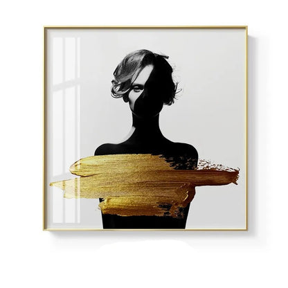Black White Golden Minimalist Portrait Figure Art Abstract Wall Art Square Format Fine Art Canvas Prints For Modern Home Decor